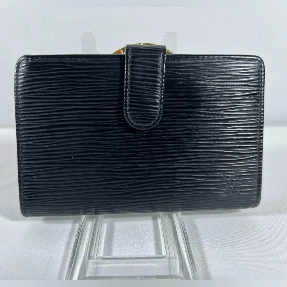 1144: Louis Vuitton Epi Black Leather French Purse Kiss Lock Wallet